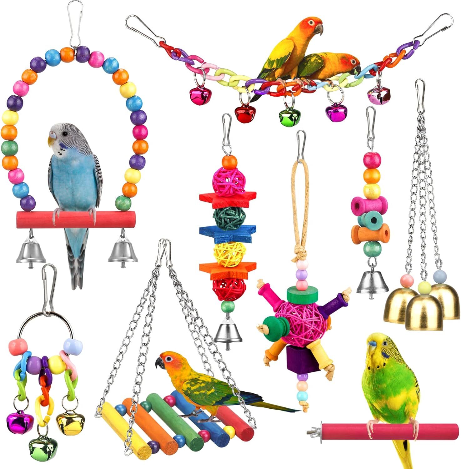 YIXUND bird toys set front view featuring colorful climbing ladder and hanging bells inside a pet cage