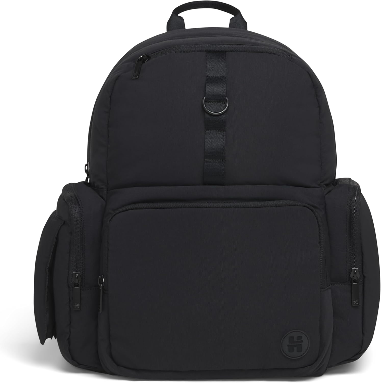 Huggies Signature Hug Pack diaper backpack front view in solid black vegan leather.