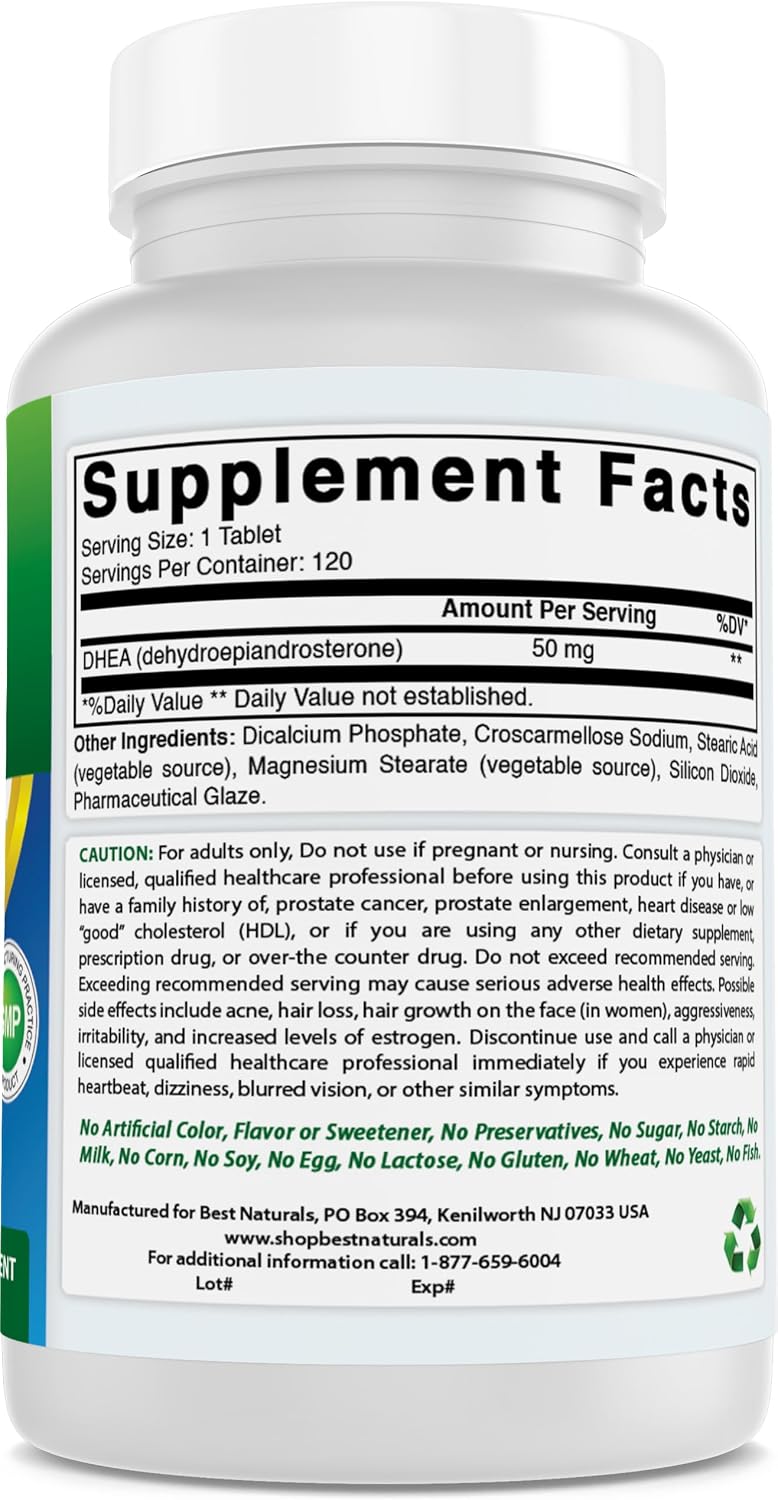 Best Naturals DHEA 50 mg tablets packaging seal and quality guarantee
