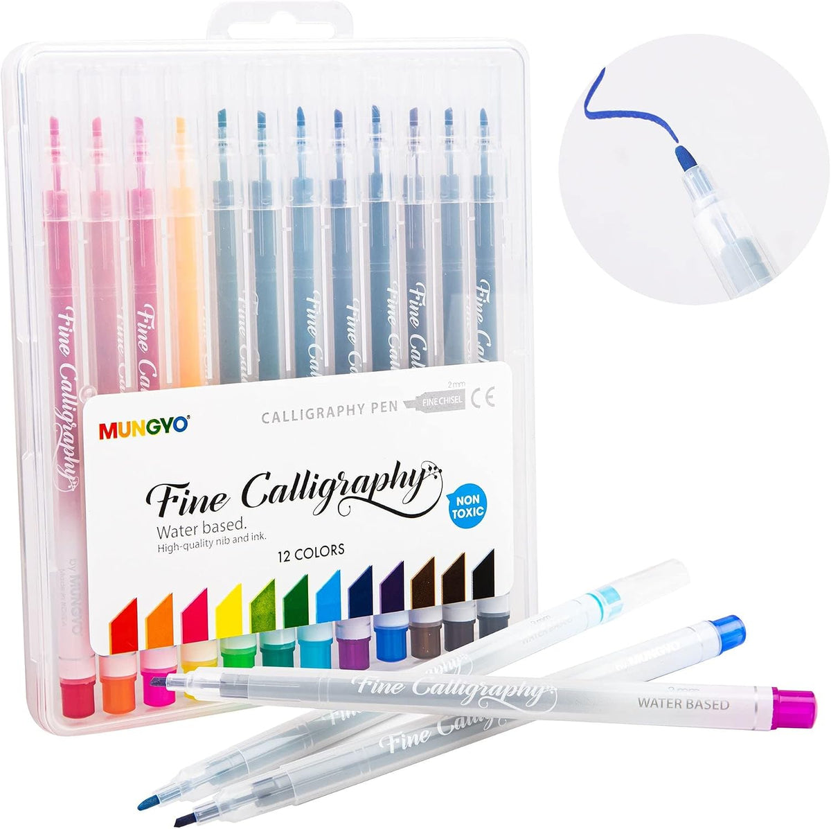 Mungyo calligraphy pen set front view showing 12 assorted colors packaging