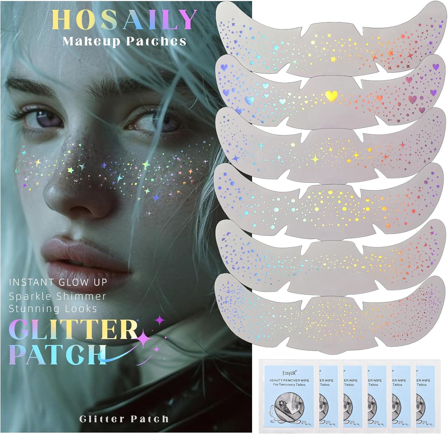 6 pcs Holographic Glitter Freckles Face Tattoo, Waterproof Sparkle Body Glitter Speckles Patches for Women, Cute Star Glitter Stickers Temporary Tattoo Makeup Accessories for Festival Rave - Image 1
