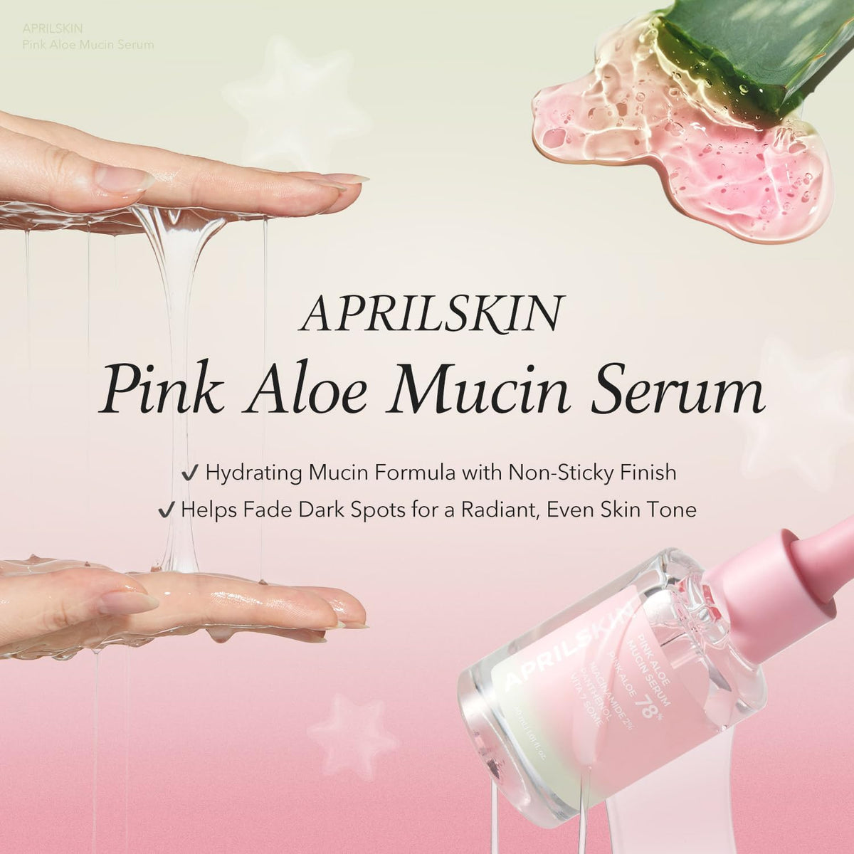 APRILSKIN vegan snail mucin alternative serum glass dropper bottle showcasing the pink formula texture.