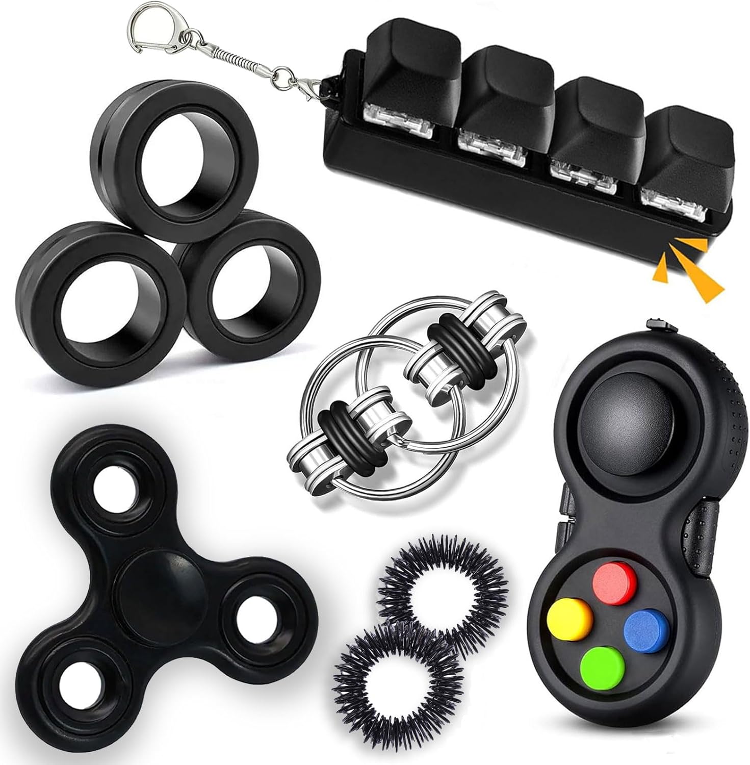 Jabinele 7Piece Fidget Toy Set front view showing the complete black sensory collection for adult stress relief.