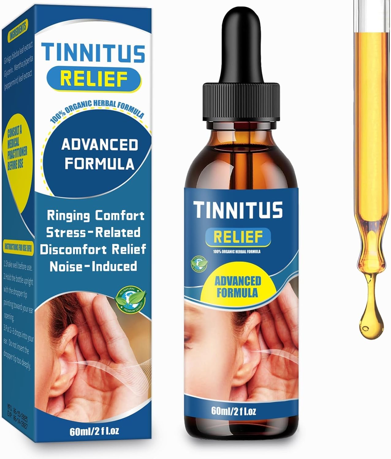 FEAVBAFT Tinnitus Relief for Ringing Ears-Natural Tinnitus Relief Drops | Relieve Ringing Ears & Reduce Buzzing/Clicking Noise | Support Healthy Hearing | 60ml Bottle - Image 1