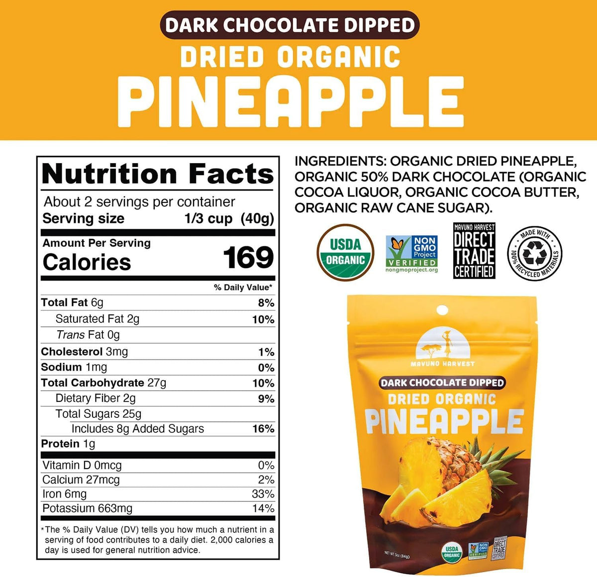 Mavuno Harvest chocolate covered pineapple packaging details