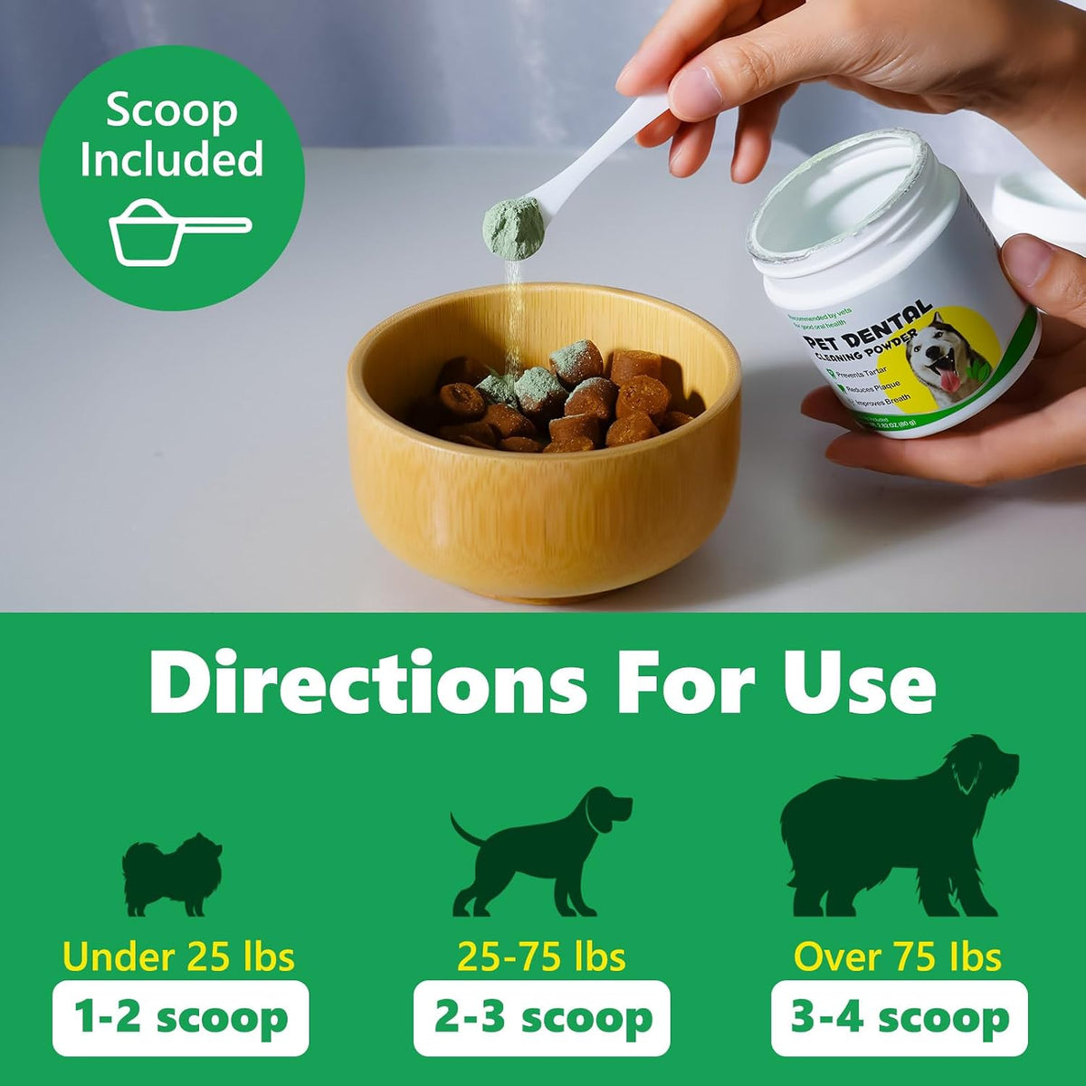 Close up of dog teeth cleaning powder jar back instructions