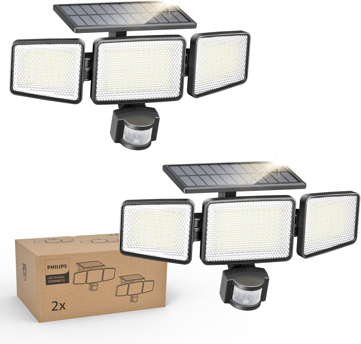 Philips solar security light outdoor front view showing 302 LED configuration and triple adjustable heads.