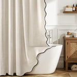 MIULEE linen scalloped cream shower curtain front view in boho bathroom setup