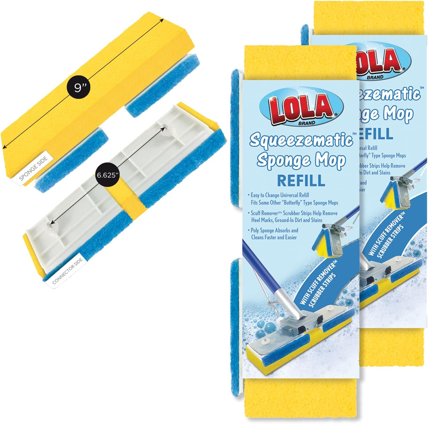 Lola Squeeze Matic butterfly sponge mop refill front view showcasing the yellow nine inch replacement head.