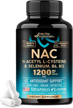 NutraHarmony NAC supplement front view showing 1200mg dosage and 120 capsules