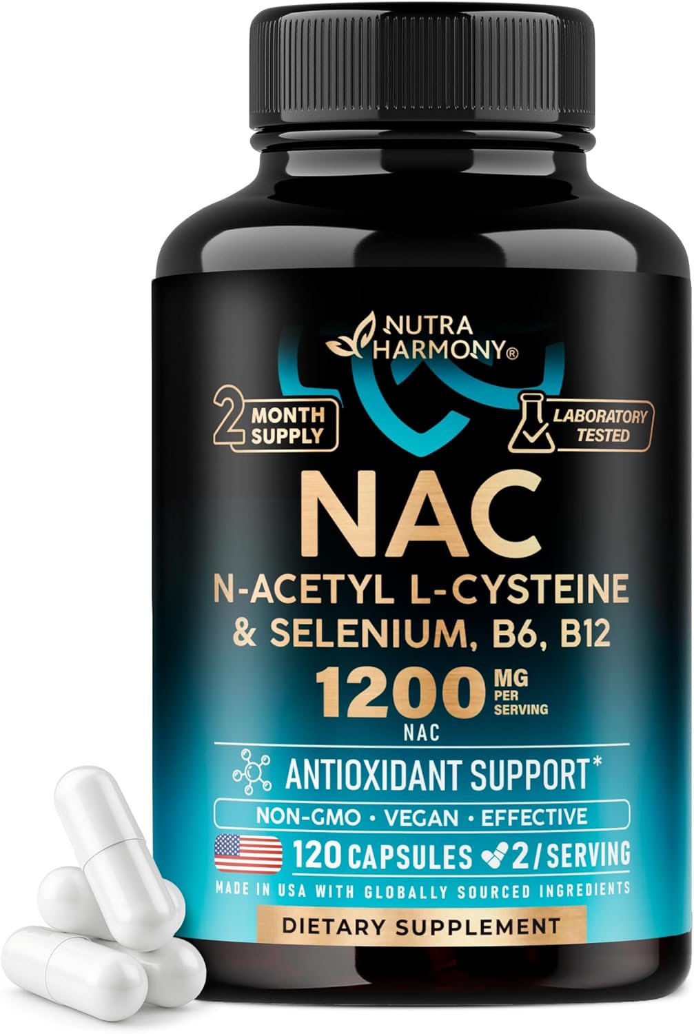 NutraHarmony NAC supplement front view showing 1200mg dosage and 120 capsules
