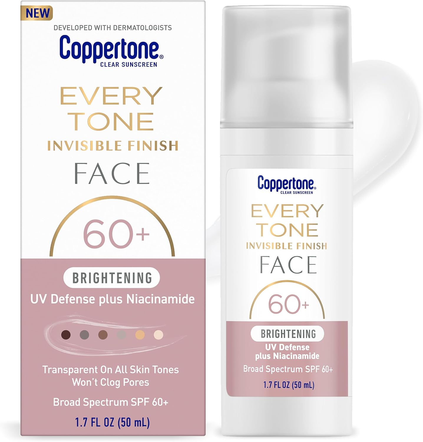 Coppertone Every Tone Invisible Finish Brightening Face Sunscreen SPF 60 plus pump bottle front view authentic import