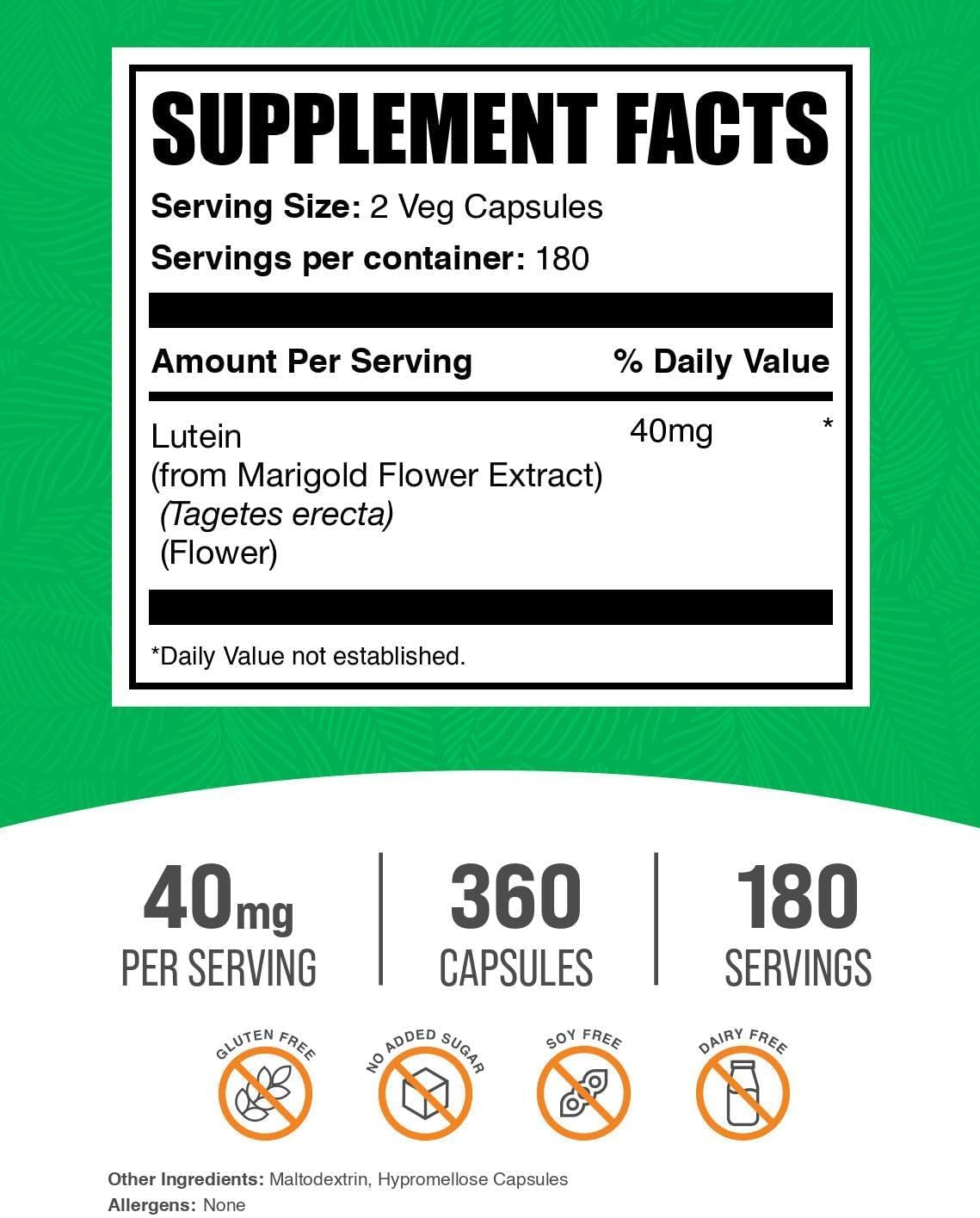 BulkSupplements eye vitamins nutrition facts label showing marigold flower extract ingredients