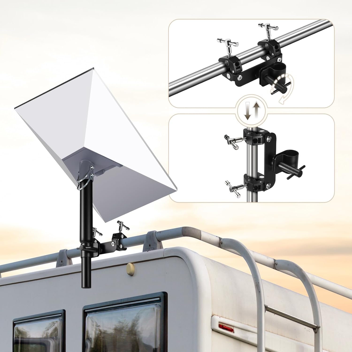 Gadfish Gen 3 Starlink mount for RV ladder front view showing adjustable pipe adapter.