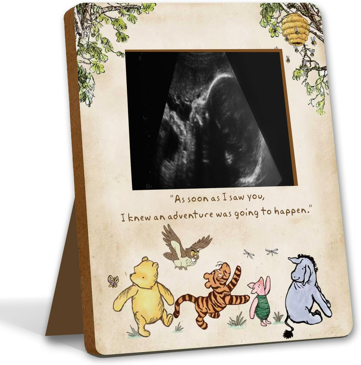 Disney Winnie the Pooh wooden baby ultrasound keepsake frame front view showing sonogram photo opening.