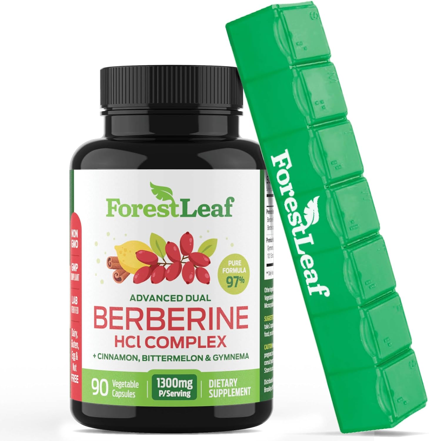 ForestLeaf Advanced Dual Berberine HCl Berberine Supplement 1300mg - 97% Tested Ultra High Potency Berberine with Ceylon Cinnamon, Bitter Melon & Gymnema (Green, 90 Count (Pack of 1)) - Image 1