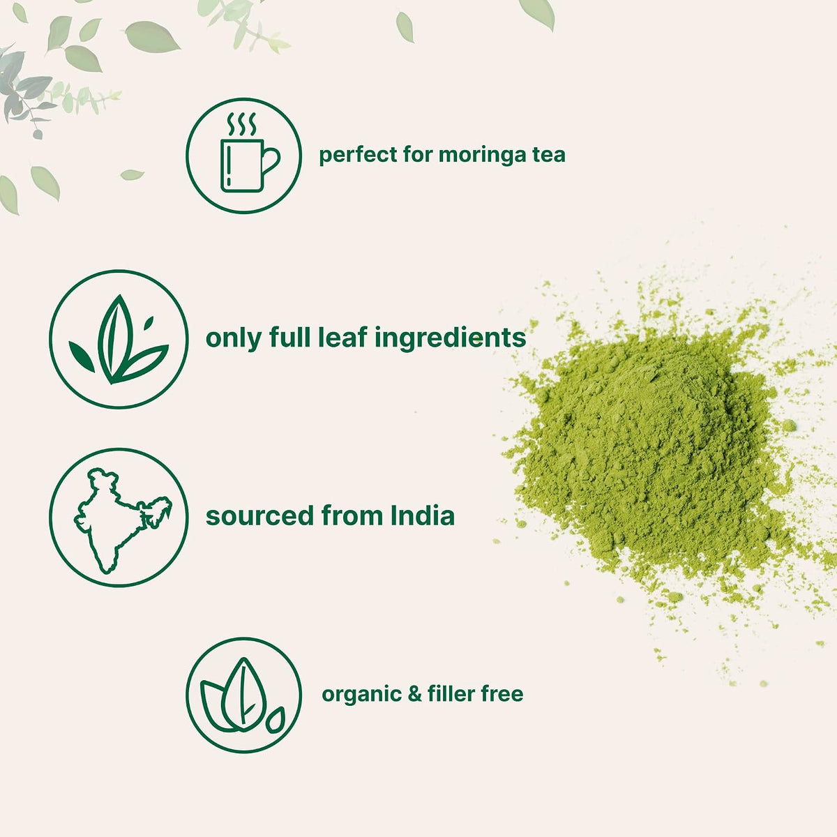 Micro Ingredients organic moringa leaf powder scoop texture and color