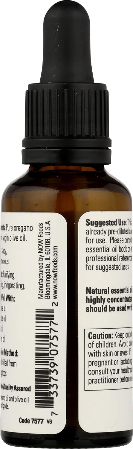 Now Foods oregano essential oil dropper bottle label