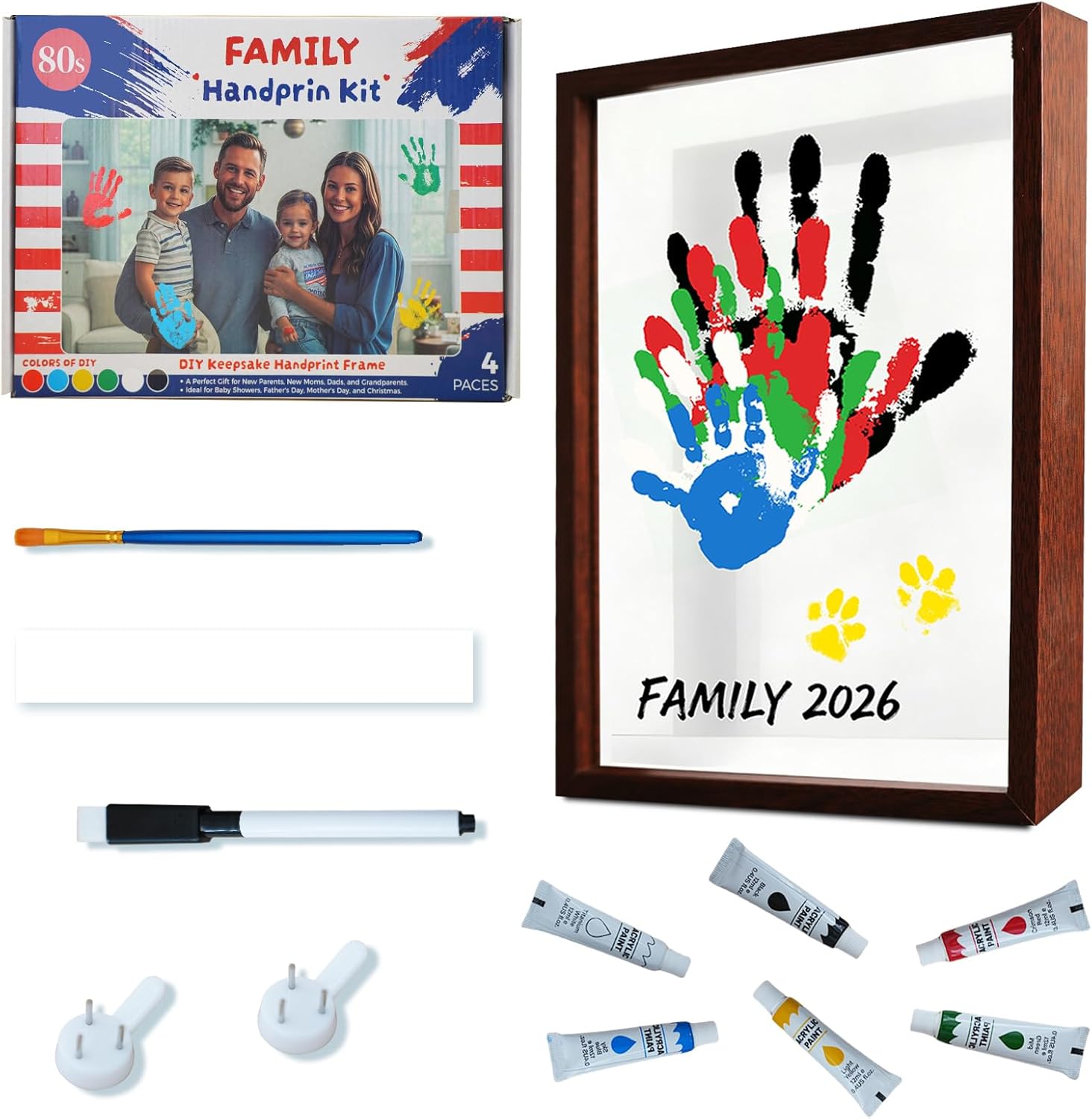 80S Family Handprint Kit front view showcasing dark wood photo frame and colorful handprints