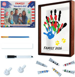 80S Family Handprint Kit front view showcasing dark wood photo frame and colorful handprints