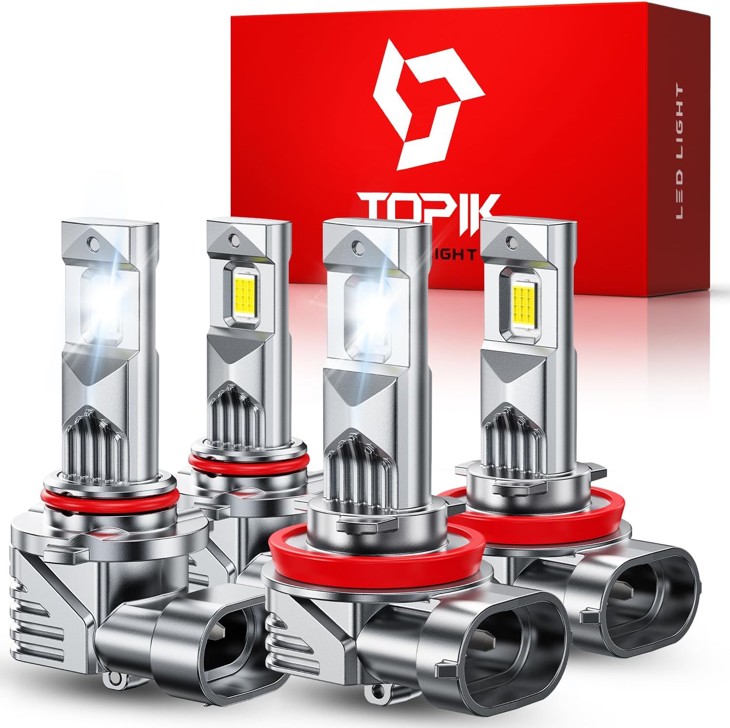 TOPIK 9005 H11 LED Light Bulbs Combo pack front view showcasing the four-piece universal headlight upgrade kit.