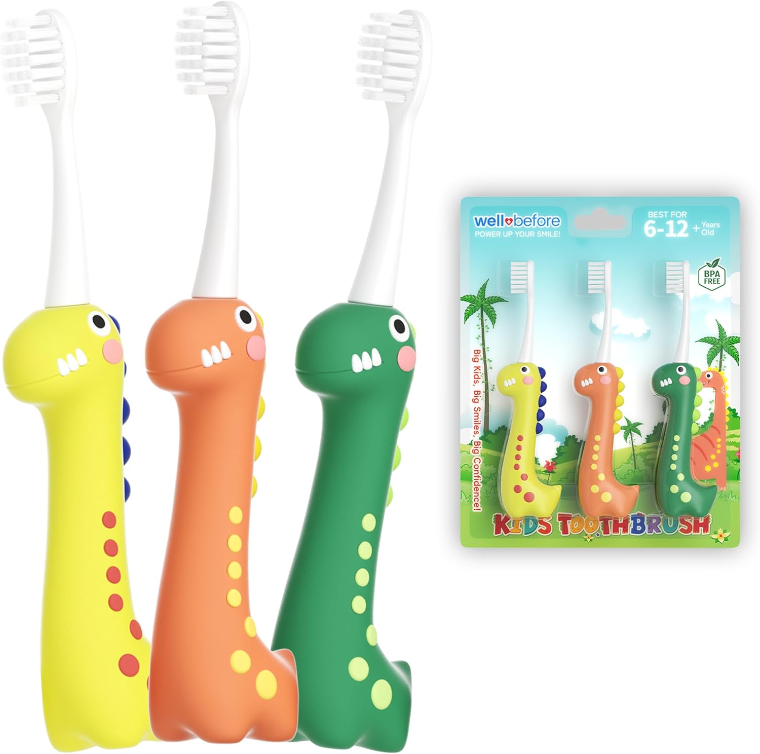 Well Before Dinosaur Kids Toothbrush pack of three front view showing ultra soft bristles.