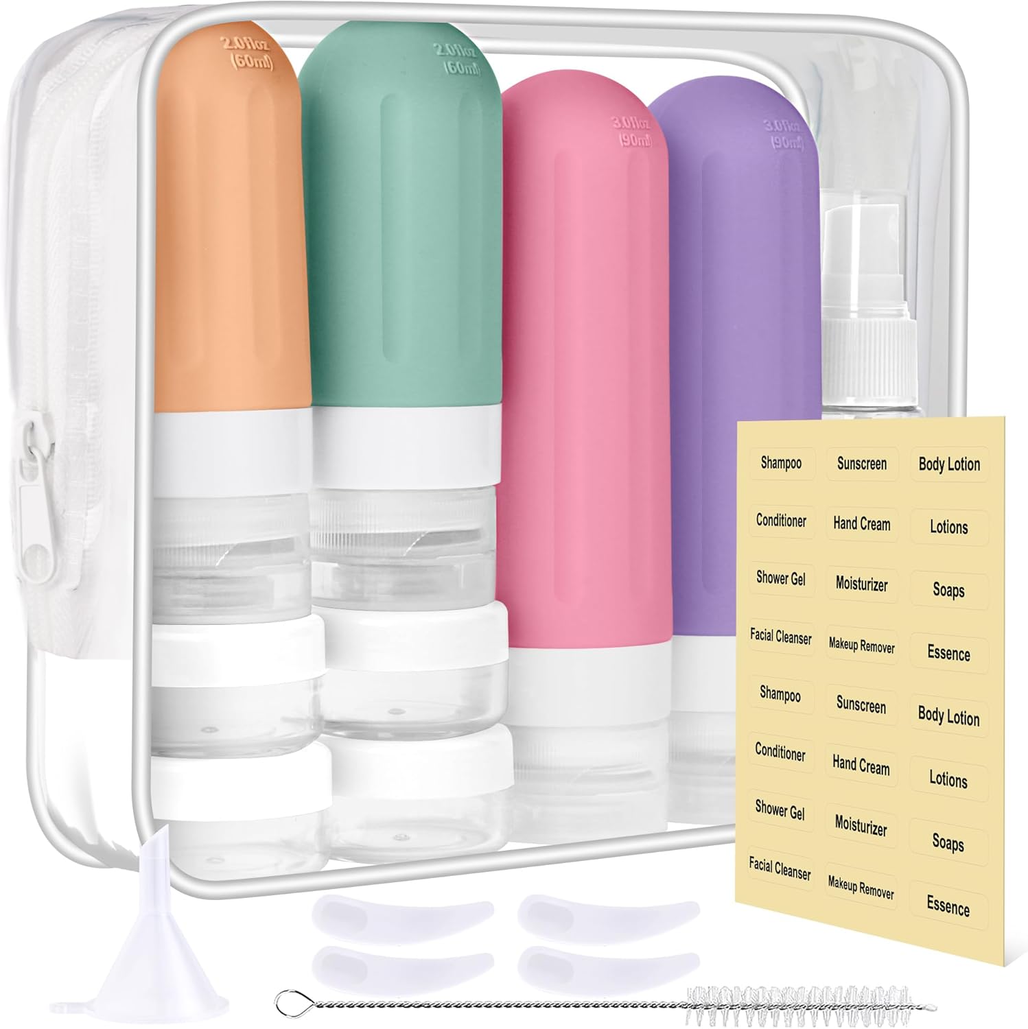 Landisun travel size toiletries bottles 18 pack green variant front view showcasing the full kit inside the clear cosmetic pouch.