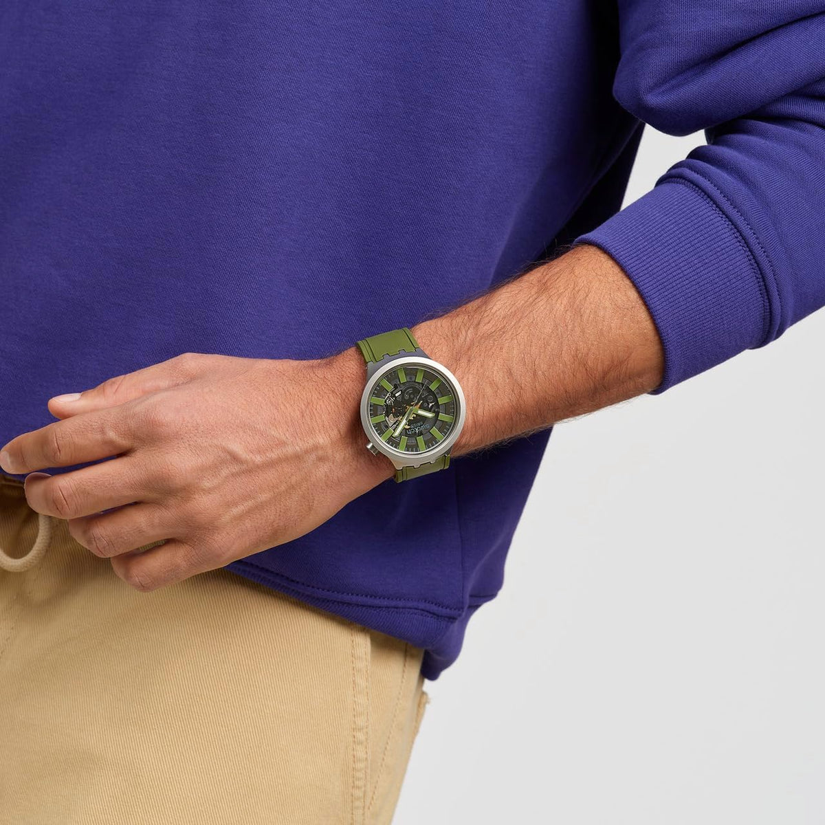 Swatch casual watch lifestyle angle on wrist