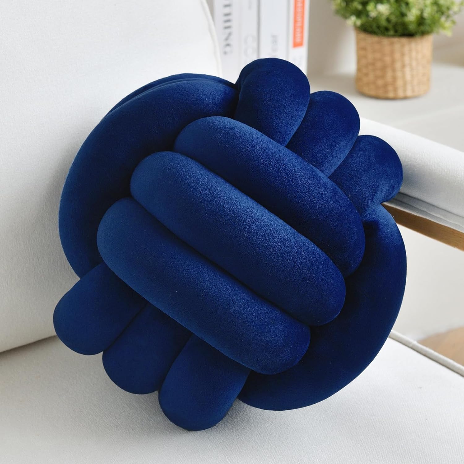 Lusjnge navy blue velvet knot ball pillow front view