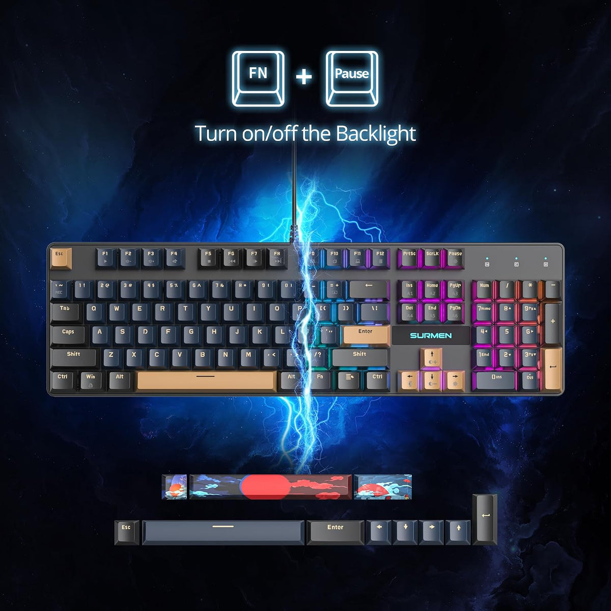 Surmen 104 keys gaming keyboard rgb backlighting effect