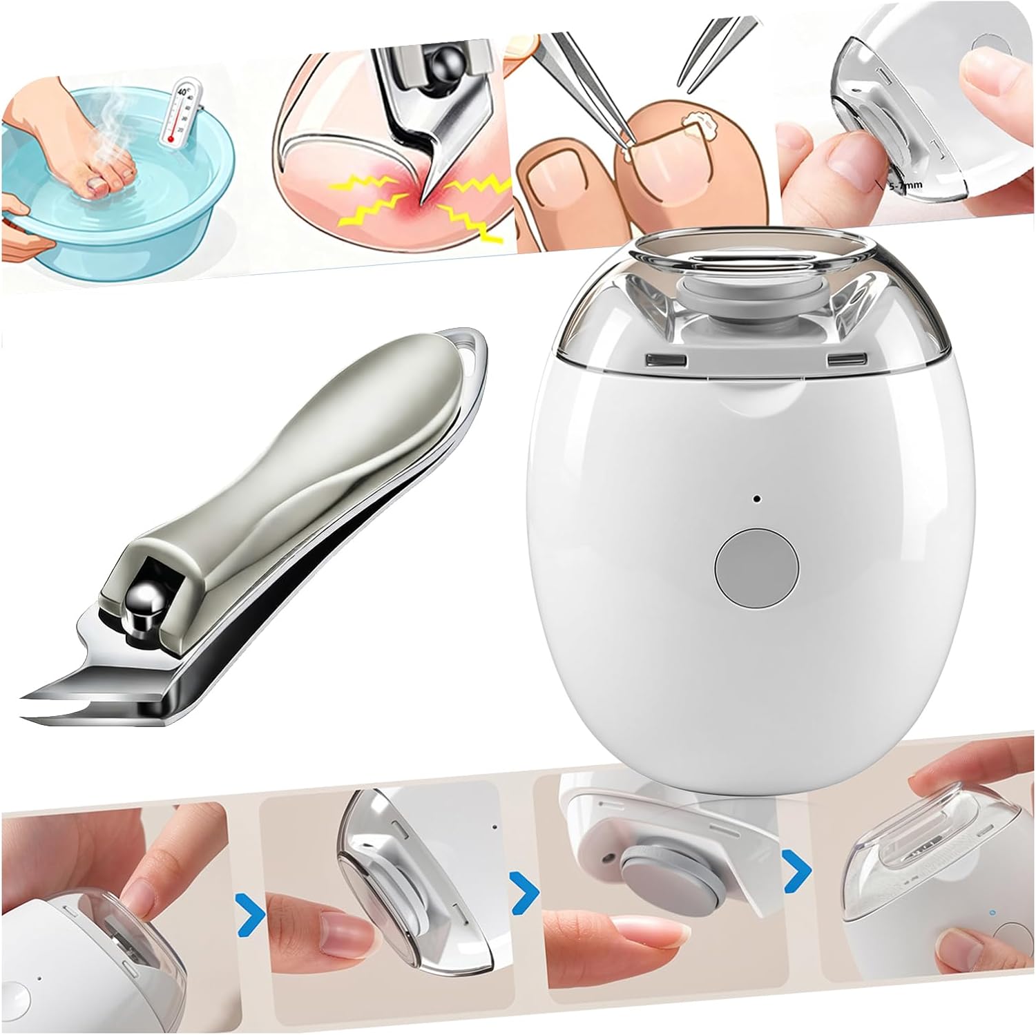 Ceadoca electric automatic nail clipper front view showing the curved trimming slot and white premium finish.