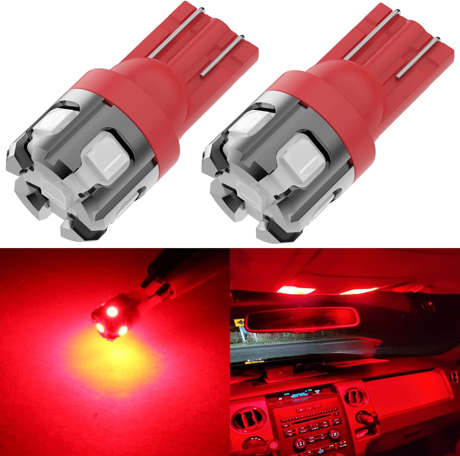 Phinlion 194 LED Light Bulb Red front view showcasing the six SMD 3030 chipsets and heavy-duty aluminum casing design.