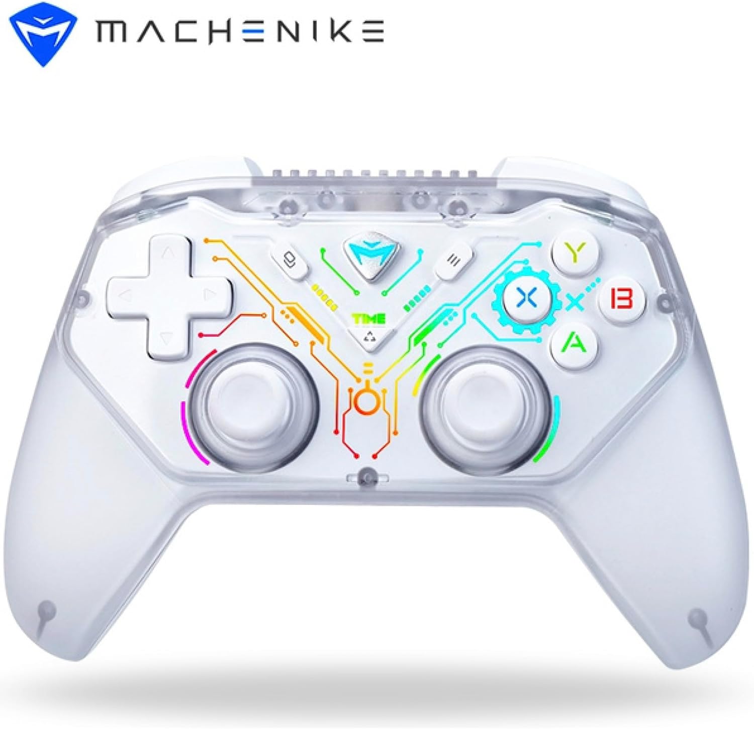 Machenike G3S wireless gaming controller front view showing transparent white shell and analog sticks