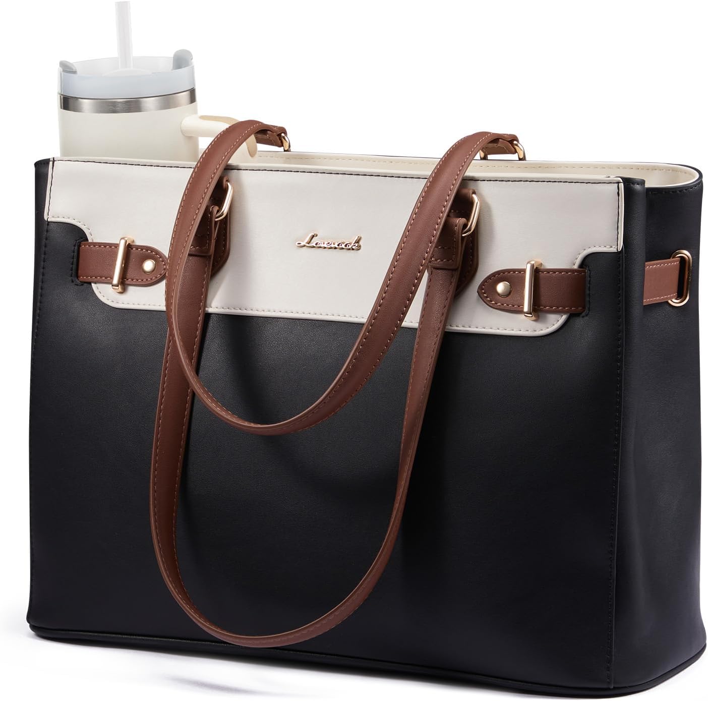 LOVEVOOK laptop tote bag for women work front view displaying black beige and brown color block design.