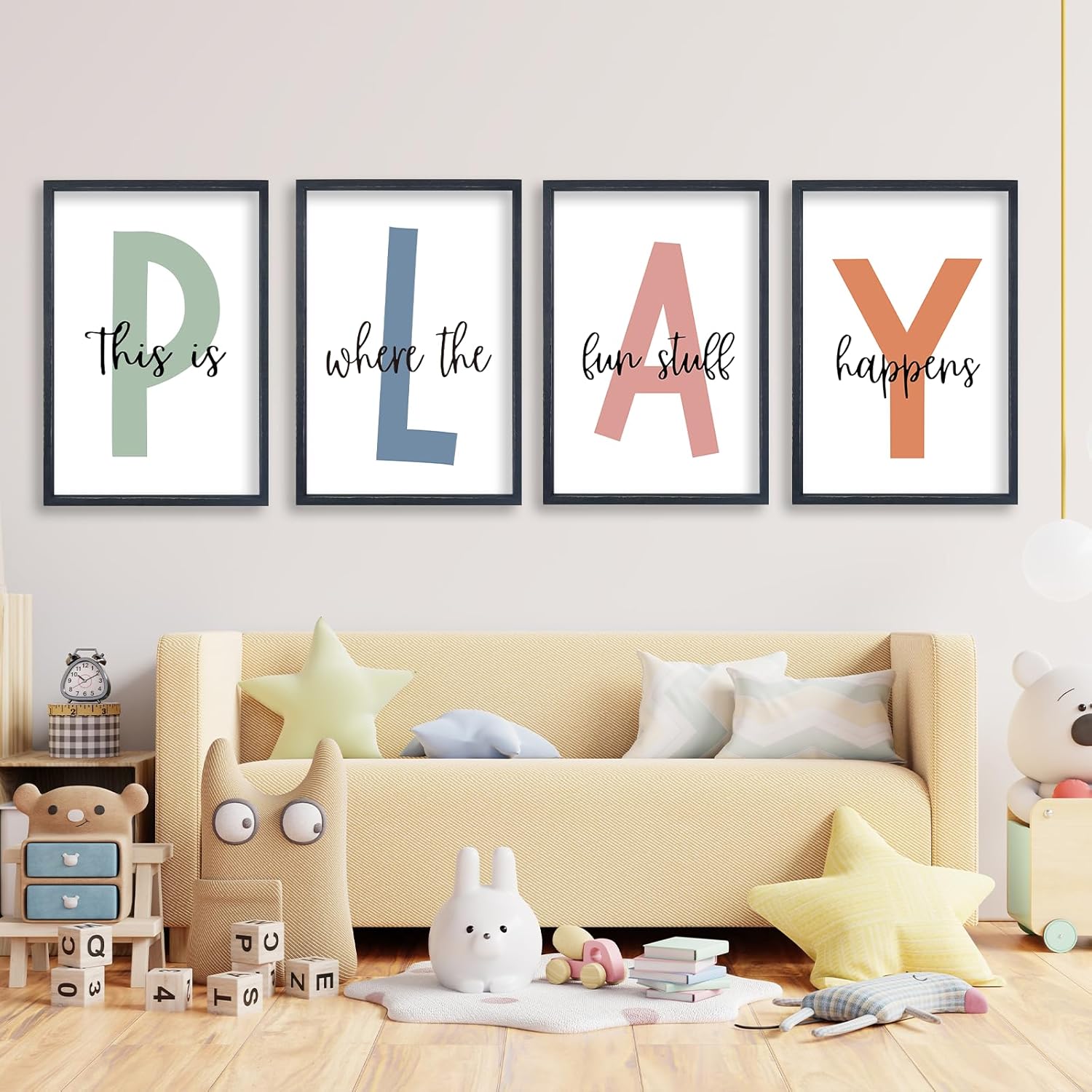 TQianJiang playroom wall art for kids 4 piece set front view showing colorful letters