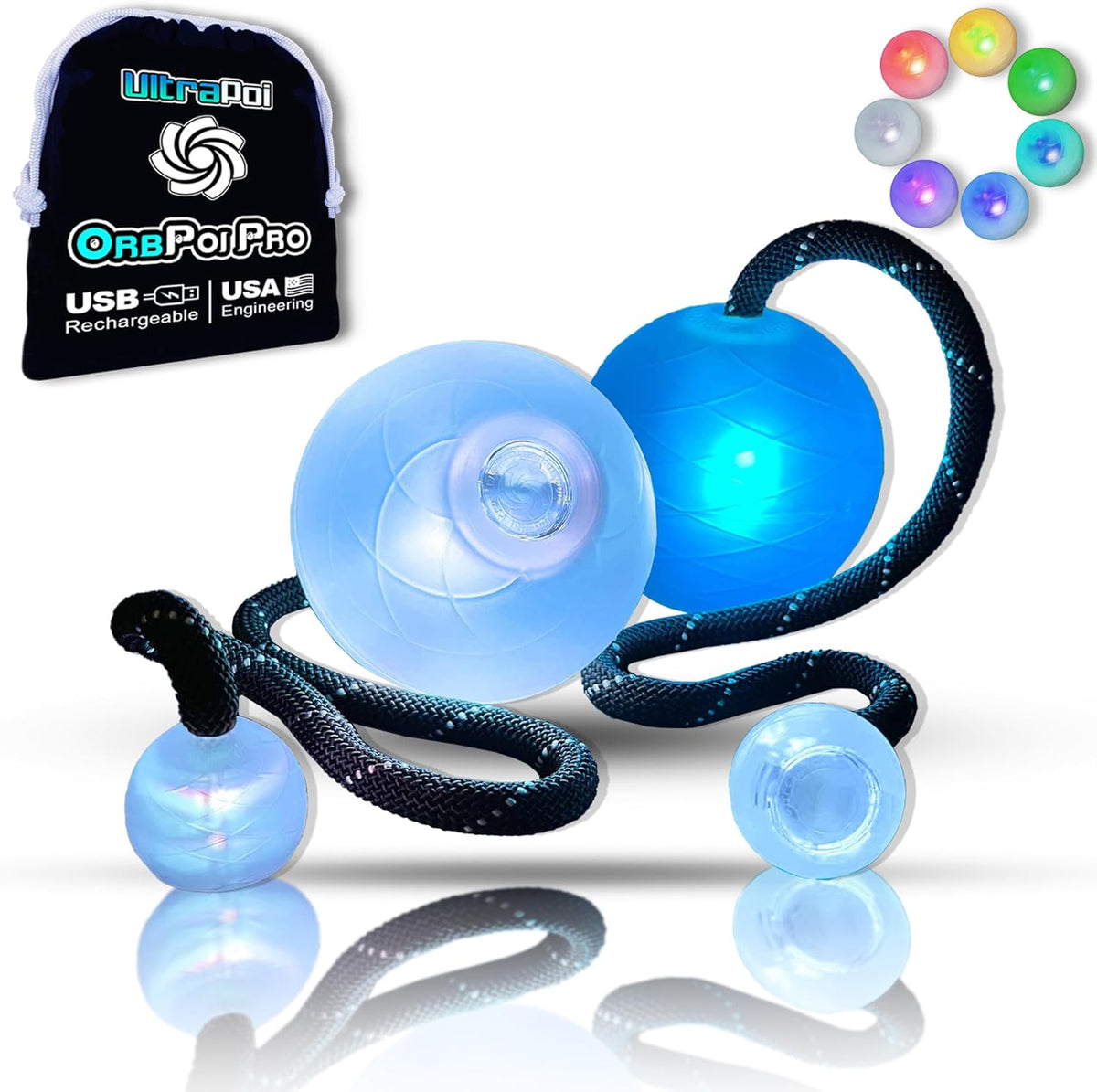 UltraPoi OrbPoi Pro Set front view showing two white silicone LED contact poi balls with black knob handles