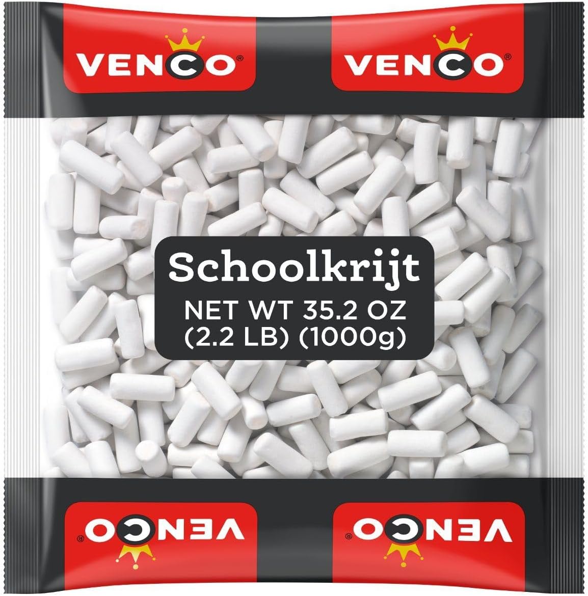 Venco Schoolkrijt Licorice Chalk Candy front view of the bulk bag showing white chalk-shaped liquorice sticks.