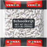 Venco Schoolkrijt Licorice Chalk Candy front view of the bulk bag showing white chalk-shaped liquorice sticks.