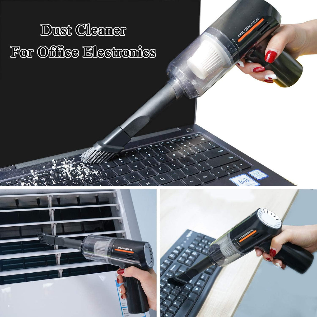 ColorCoral mini vacuum cleaner displaying brush attachment for electronics