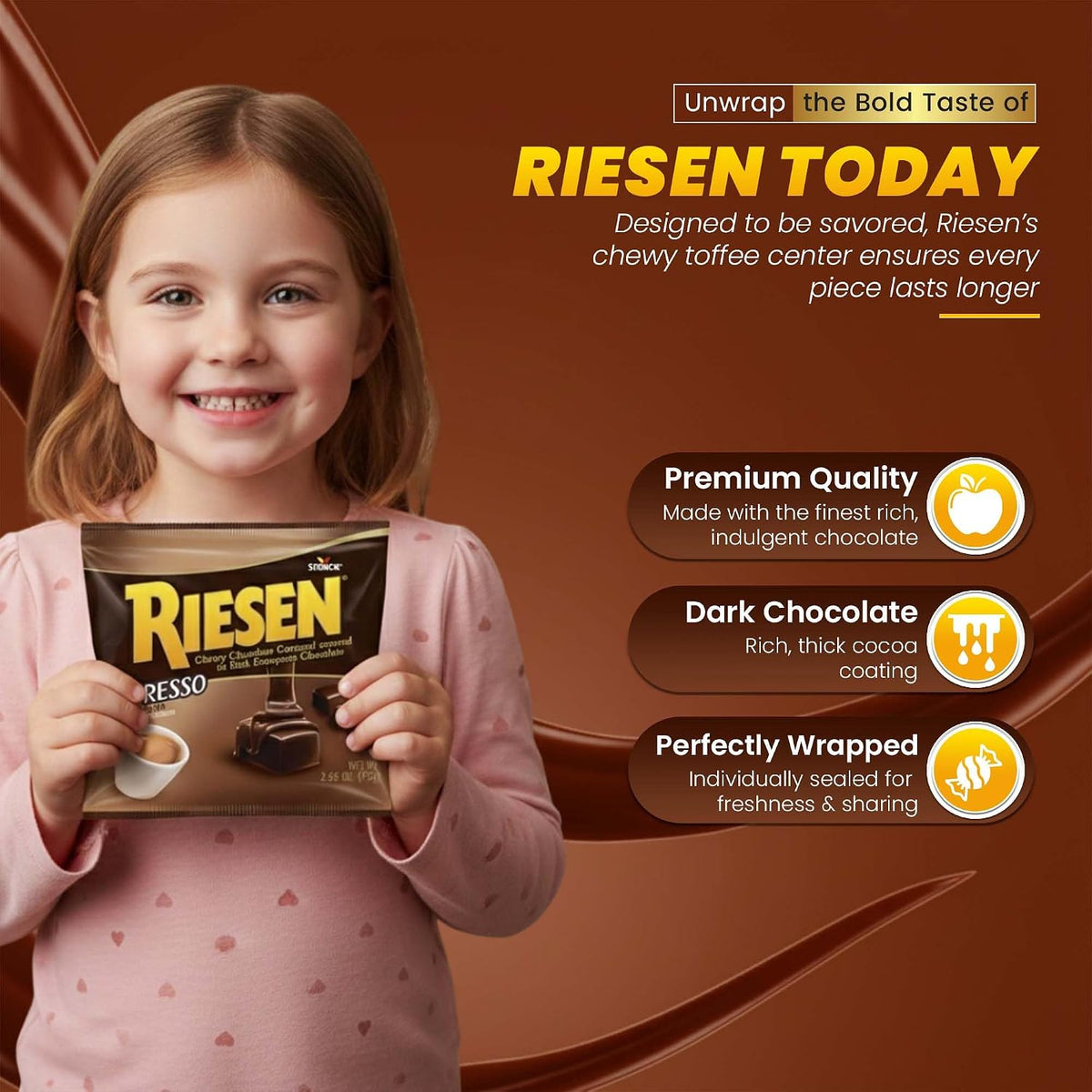 Top angle view of the Hominics Riesen coffee flavored imported candy bundle showing the 75g net weight details.