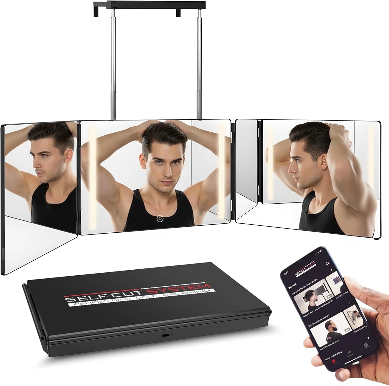 Self-Cut System Three Way Mirror front view showing illuminated LED lights on panels