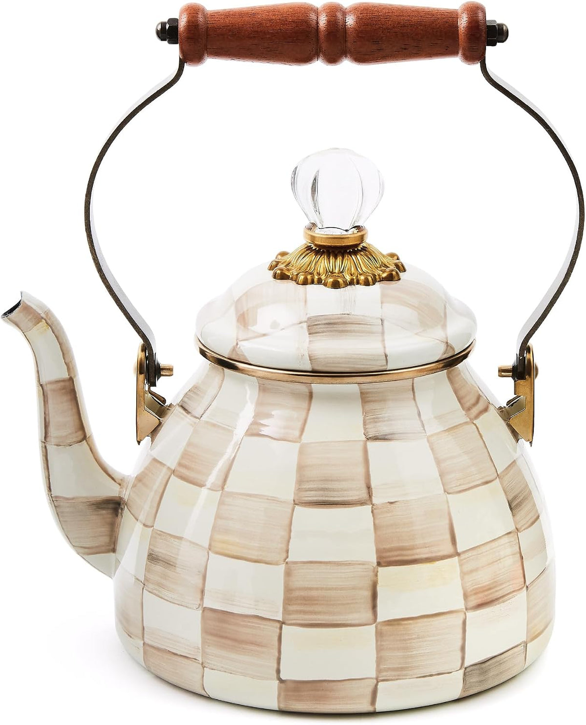 MACKENZIE-CHILDS Tea Kettle, 2 Quarts, Blue-and-White Royal Check | Hand-painted design, made from enameled steel with a wooden handle, ideal for serving coffee, tea, and other hot beverages - Image 15