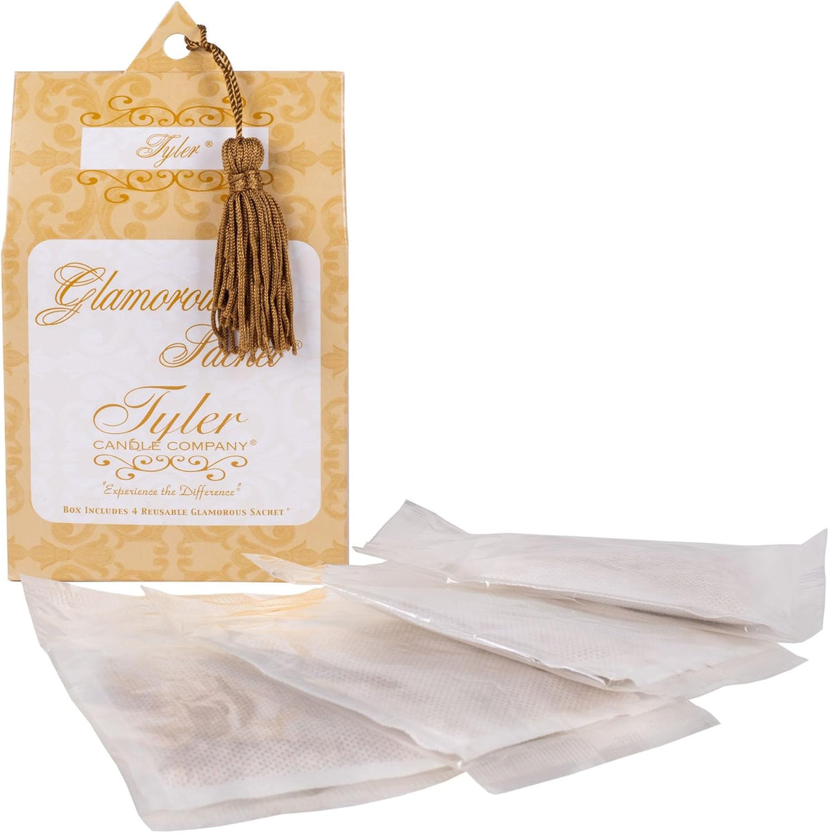 Tyler Candle Company Glamorous Sachets gold box front view for luxury laundry care.