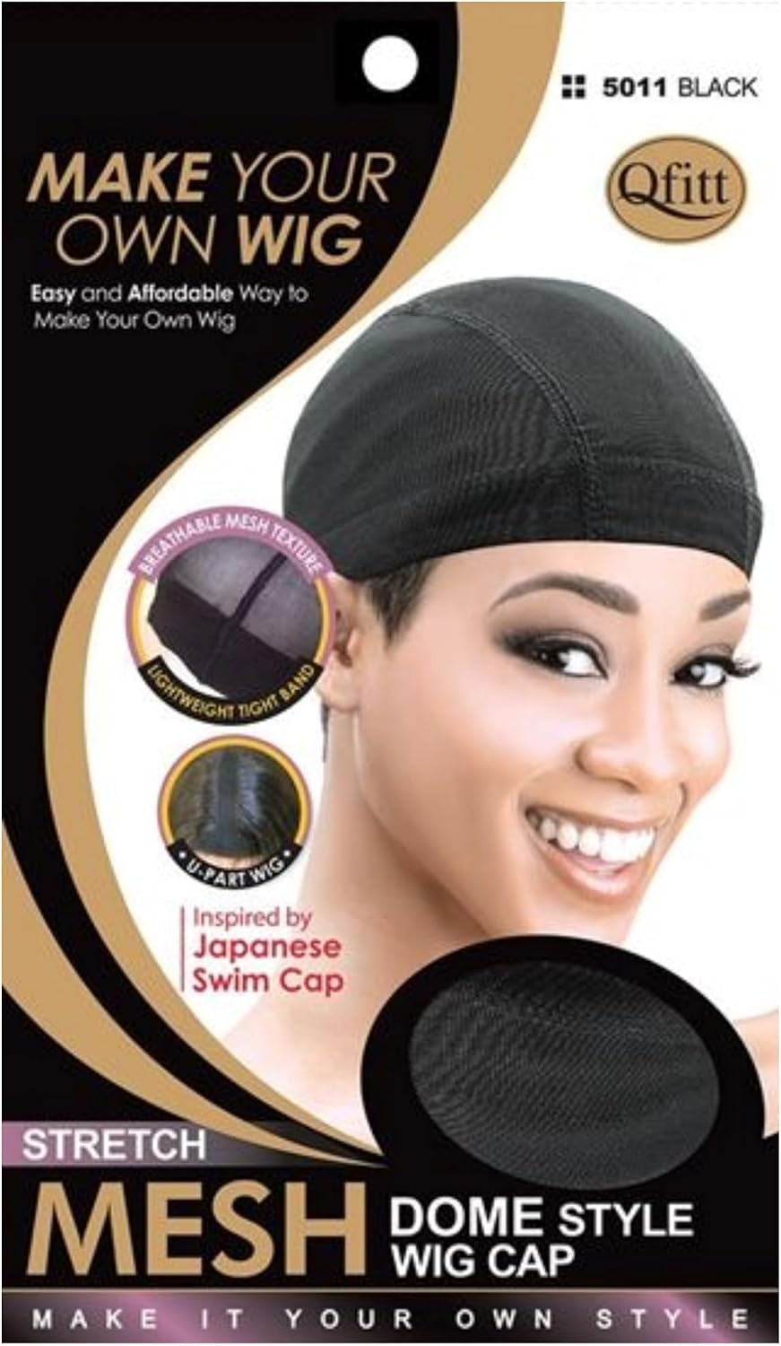 Qfitt Mesh Dome Wig Cap front view showing black stretch mesh fabric