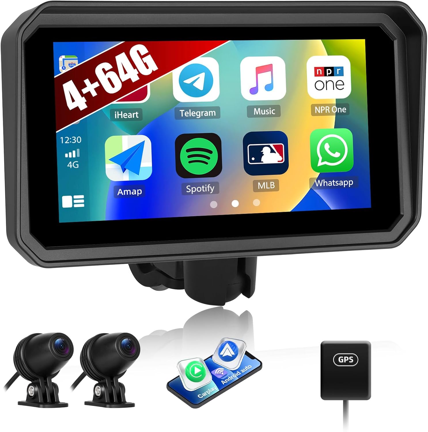 GOHHDL Android Fourteen Motorcycle CarPlay Screen front view displaying navigation map on handlebars.