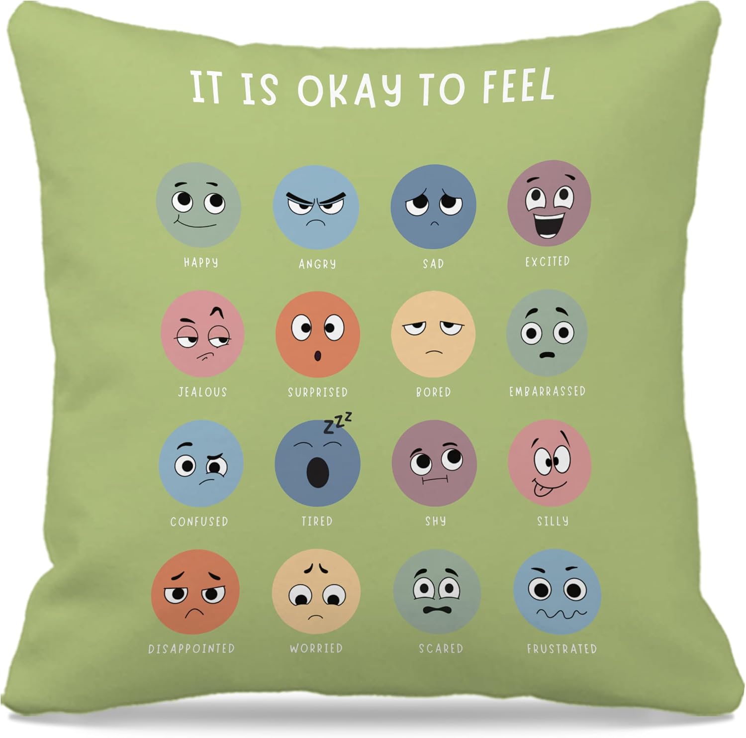 Nogrit calming corner pillow cover front view with emotions chart