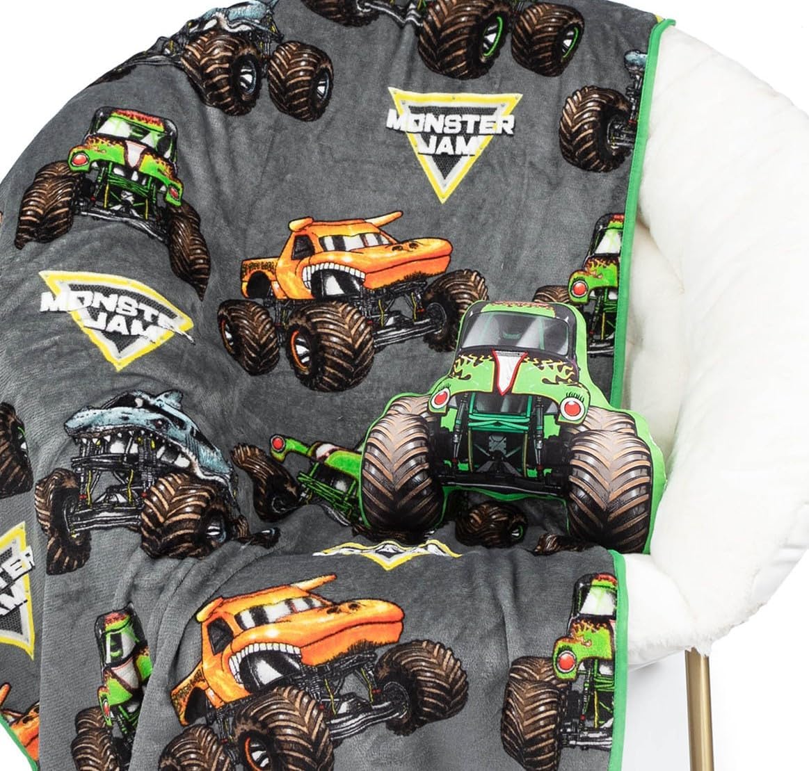 Jay Franco Monster Jam Grave Digger Nogginz Set front view showcasing the soft gray printed travel blanket and character pillow.