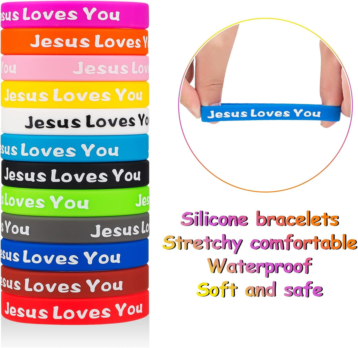 Assorted colorful Christian silicone wristbands display