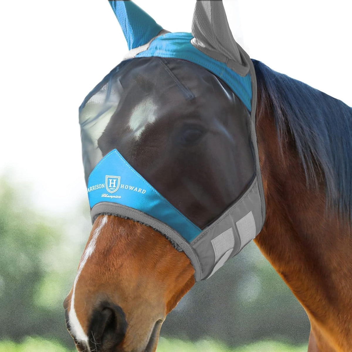 Harrison Howard Pro Luminous Horse Fly Mask Large Eye Space Half Face with Ears UV Protection for Horse Coral Orange/Navy M - Image 12