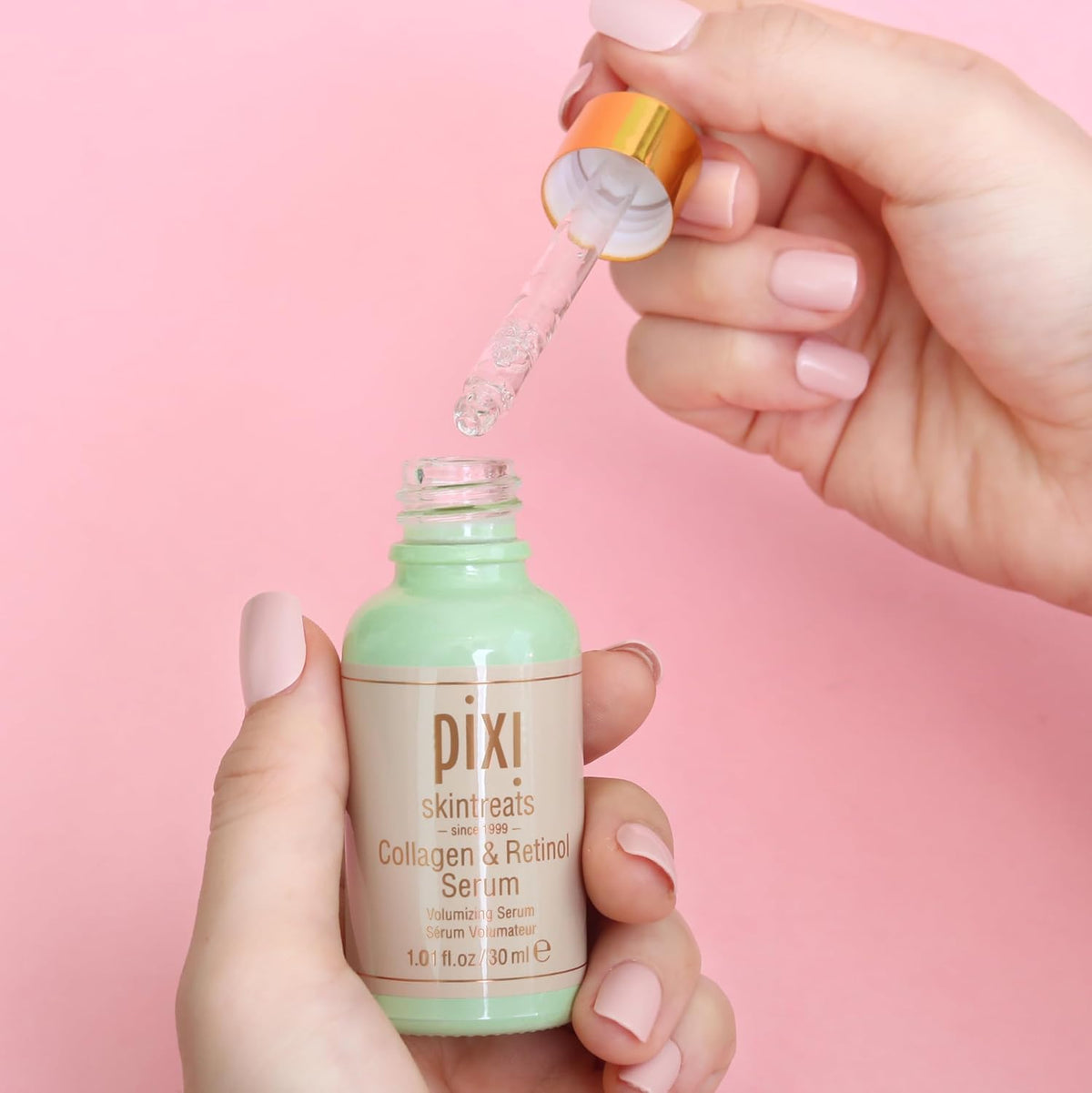 Pixi Skintreats Botanical Collagen and Retinol Volumizing Serum box packaging details and product texture overview.